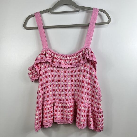 New Paid Crochet Entro Pink Red Knit Ruffle Crop Top Large Cotton Boho Kidscore - Picture 12 of 13